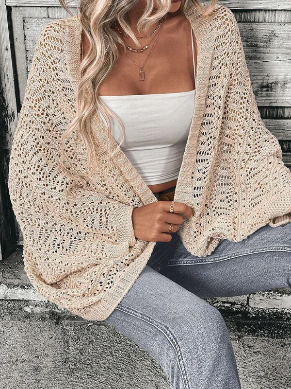Khaki Women’s Elegant Knitted Cardigan Set with Batwing Sleeves on the model