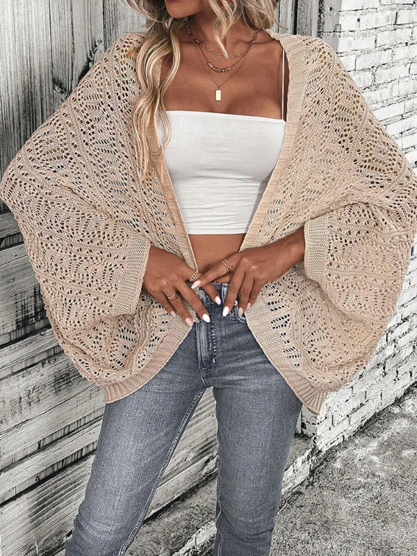 Khaki Women’s Elegant Knitted Cardigan Set with Batwing Sleeves on the model