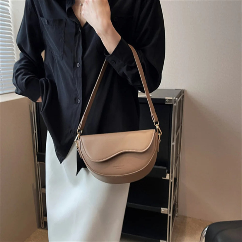 Khaki Women’s Half-Moon  Wide Strap Shoulder Bag on the model