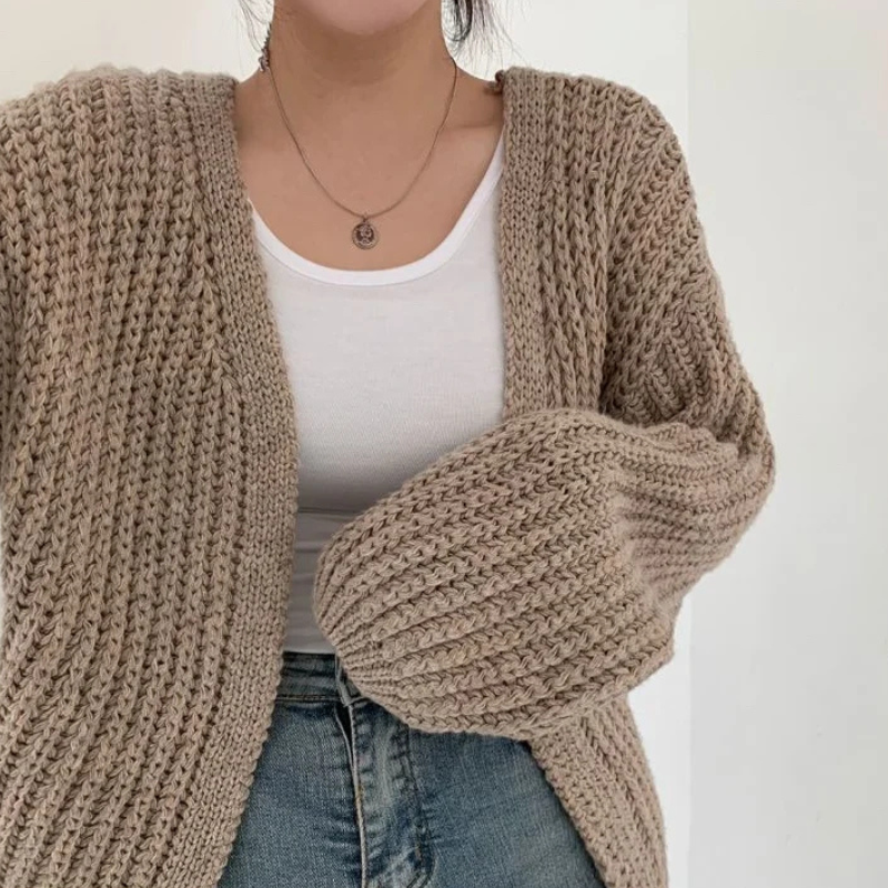 Khaki Women’s Lantern Sleeve Vintage Cardigan on the model