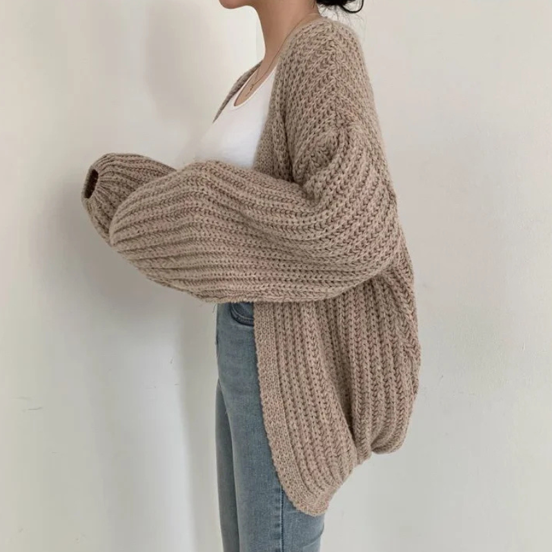 Khaki Women’s Lantern Sleeve Vintage Cardigan on the model