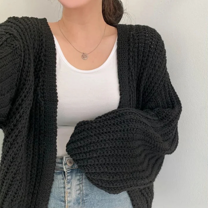 Black Women’s Lantern Sleeve Vintage Cardigan on the model
