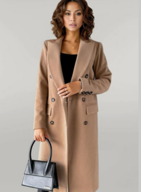 Khaki Women’s Long Double-Breasted Tailored Fit Coat on the model