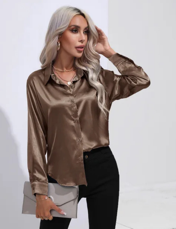 Khaki Women’s Relaxed Button-Up Blouse on the model