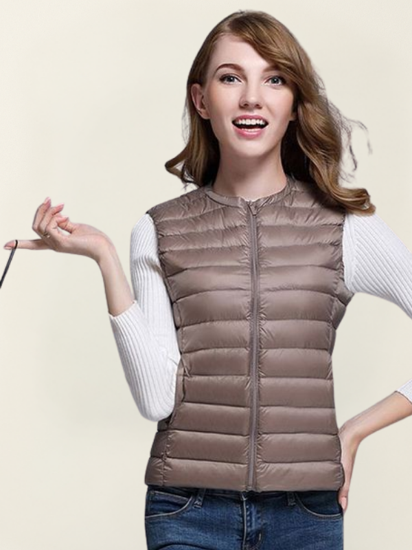 Khaki Women’s Sleeveless Insulated Water-Repellent Vest on the model