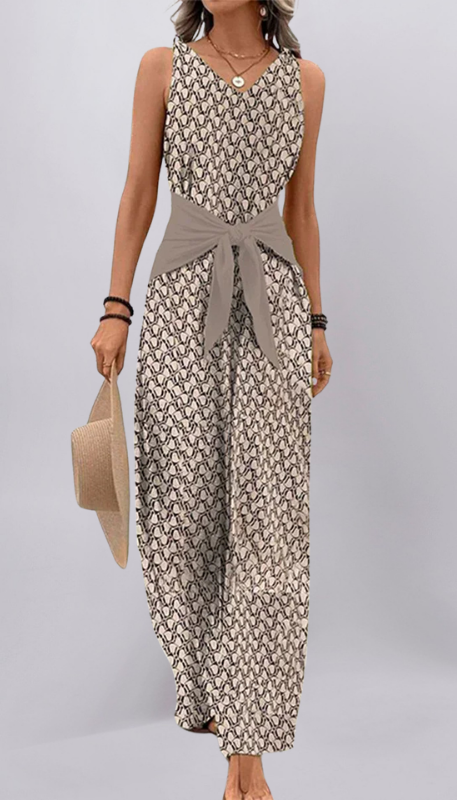 Khaki Women’s Sleeveless Round Neck Fitted Jumpsuit on the model