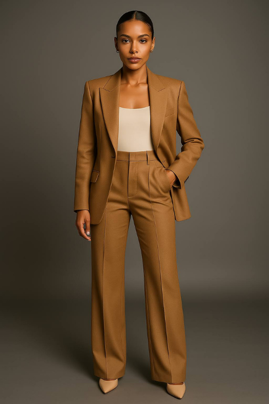 Khaki Women’s Slim Blazer & Wide-Leg Pants Two-Piece Suit on the model