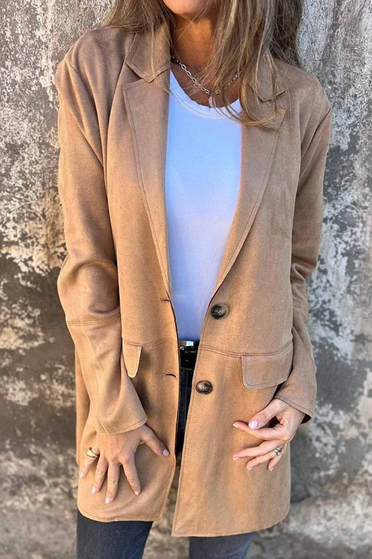 Khaki Women’s Tailored Two-Button Blazer on the model