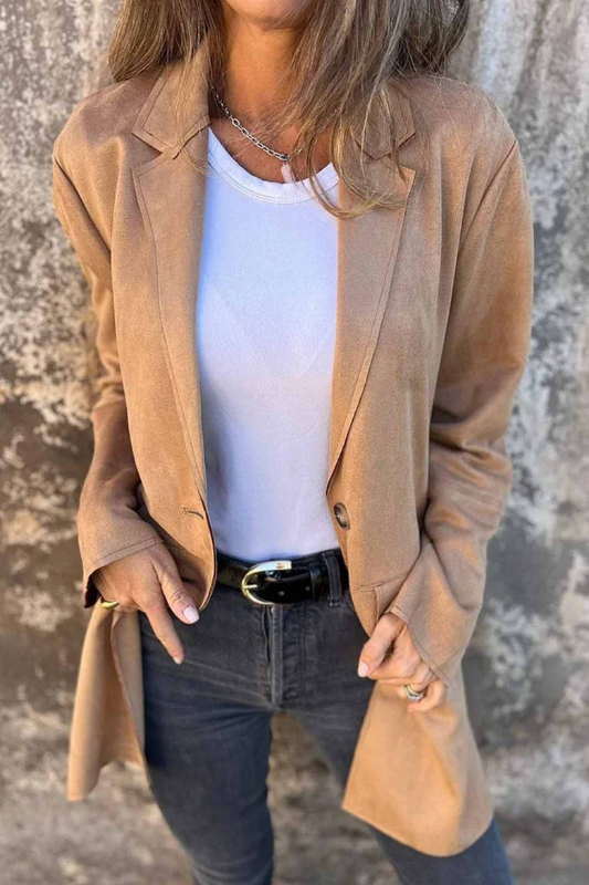 Khaki Women’s Tailored Two-Button Blazer on the model