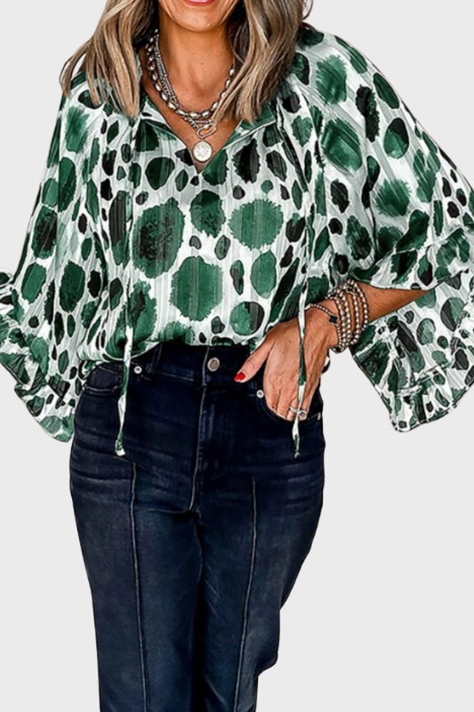 Kim | Women's Printed Tie Neck Three-Quarter Sleeve Blouse