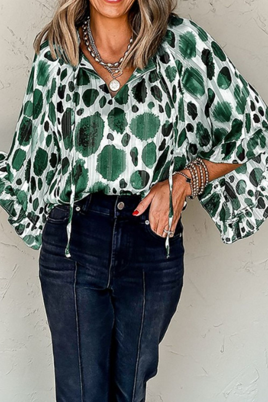 Kim | Women's Printed Tie Neck Three-Quarter Sleeve Blouse