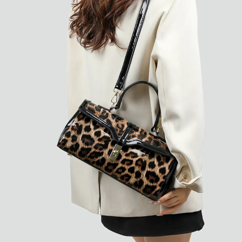 Leopard Print Leather Handbag with Gold Lock – Chic Spacious Purse