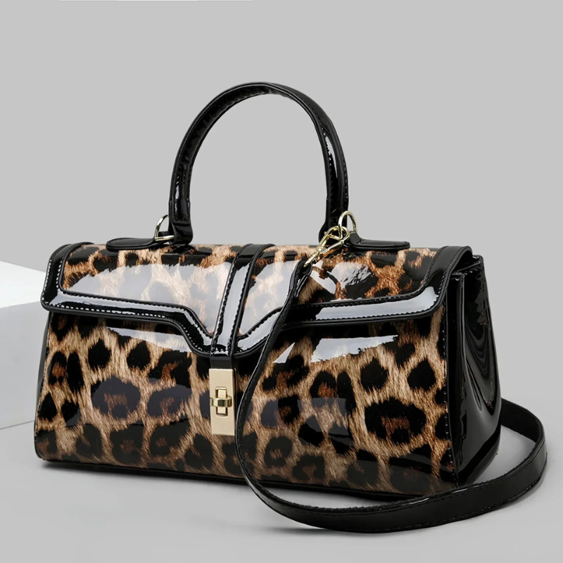 Leopard Print Leather Handbag with Gold Lock – Chic Spacious Purse