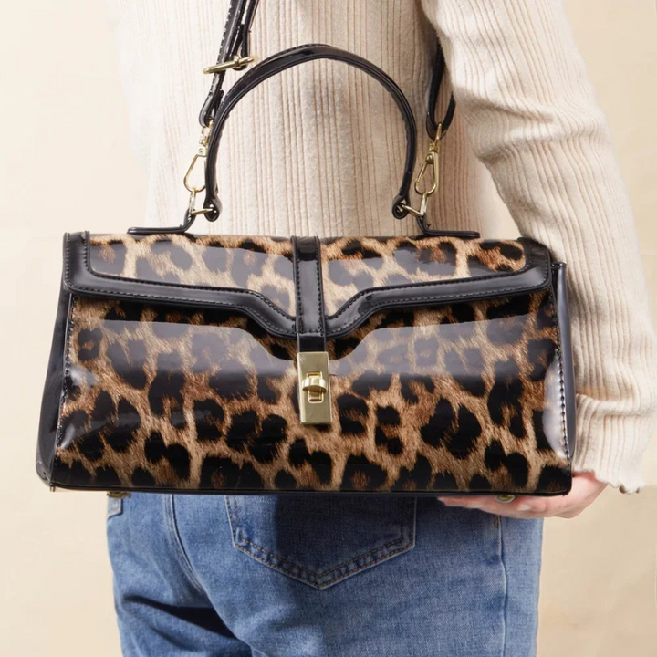 Leopard Print Leather Handbag with Gold Lock – Chic Spacious Purse