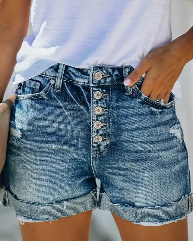 Light Blue Women’s High-Waisted Ripped Style Shorts on the model