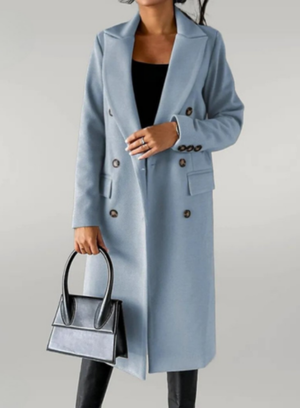 Light Blue Women’s Long Double-Breasted Tailored Fit Coat on the model