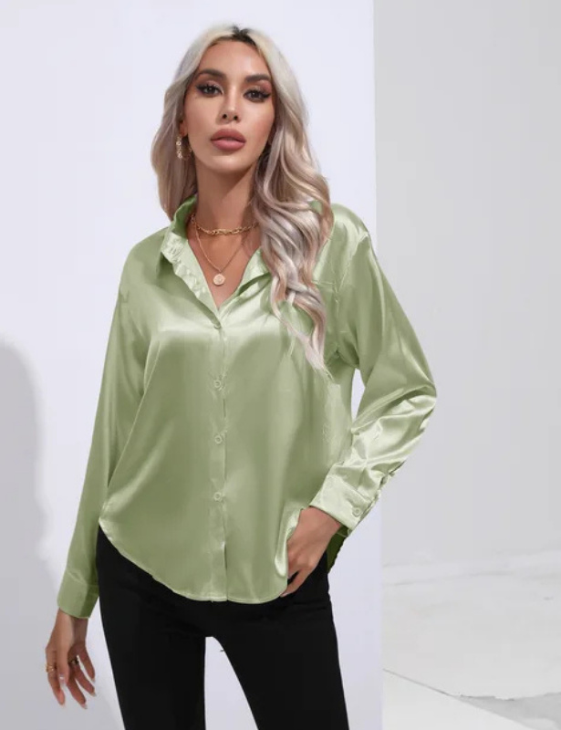 Light Green Women’s Relaxed Button-Up Blouse on the model