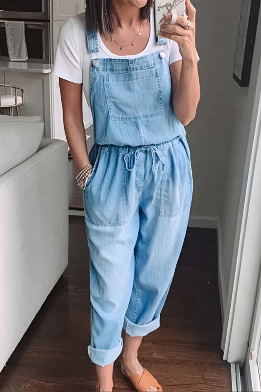 Light Blue Women’s Adjustable Waist Relaxed Jumpsuit on the model