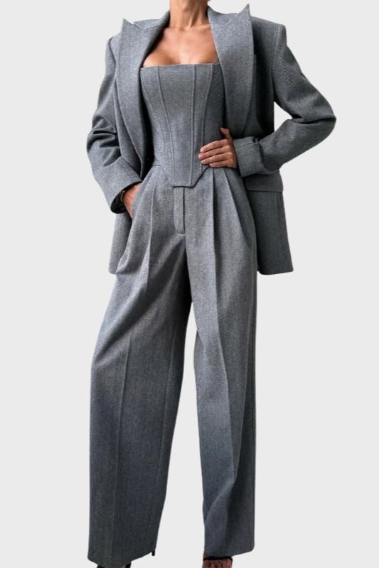 Women’s 3-Piece Suit Set, Cropped Blazer & Wide-Leg Trousers