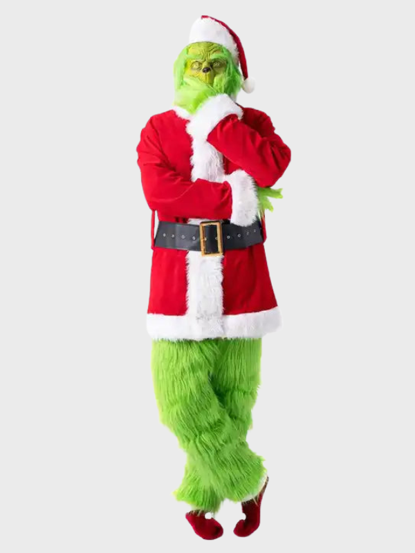 Women's Halloween Grinch Costume with Santa Jacket, Furry Pants, Mask, Gloves, and Hat for Halloween
