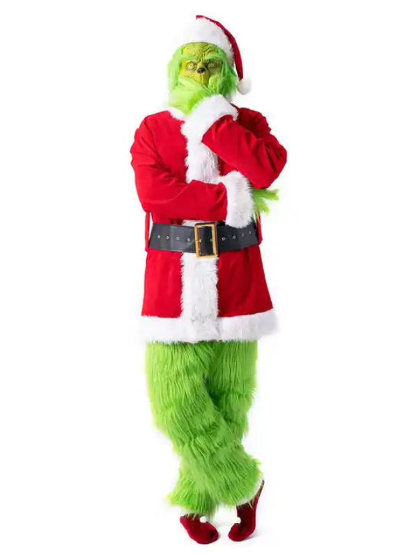 Women's Halloween Grinch Costume with Santa Jacket, Furry Pants, Mask, Gloves, and Hat for Halloween