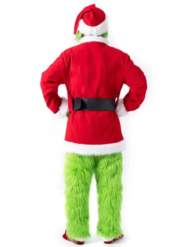 Women's Halloween Grinch Costume with Santa Jacket, Furry Pants, Mask, Gloves, and Hat for Halloween