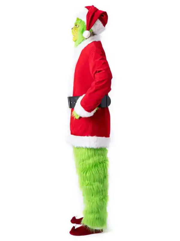 Women's Halloween Grinch Costume with Santa Jacket, Furry Pants, Mask, Gloves, and Hat for Halloween