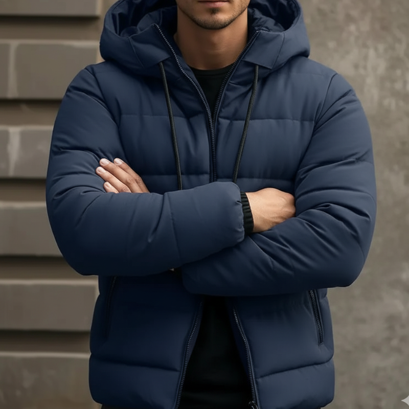 Men's Hooded Puffer Jacket – Winter Coat with Zipper Pockets