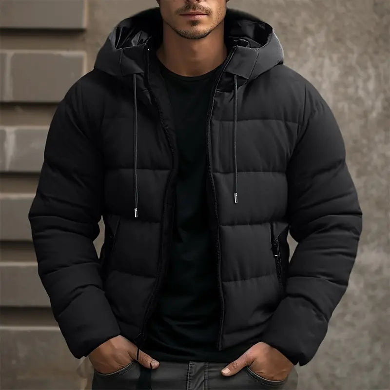 Men's Hooded Puffer Jacket – Winter Coat with Zipper Pockets