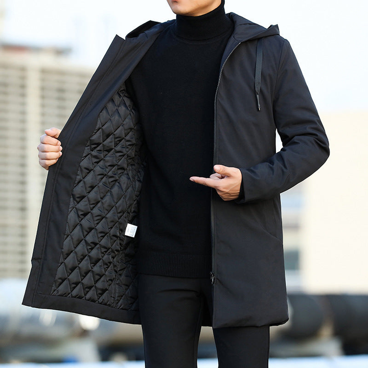 Men's Hooded Winter Coat – Quilted Knee-Length Casual Design