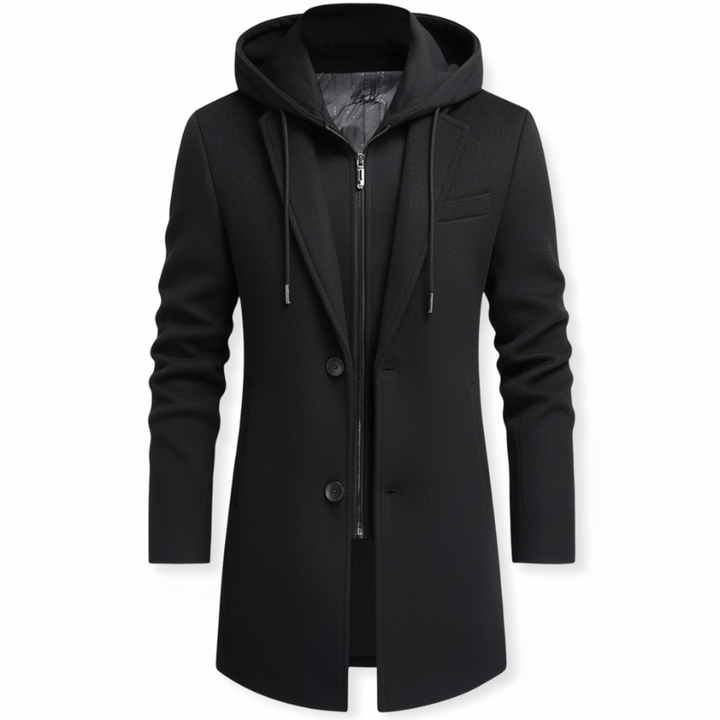 Men's Trench Coat – Double-Breasted Winter Coat with Detachable Hood