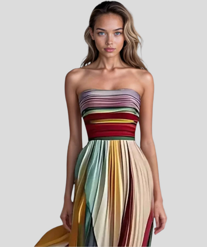 Multicolored Women’s Elegant Strapless Pleated Maxi Dress on the model