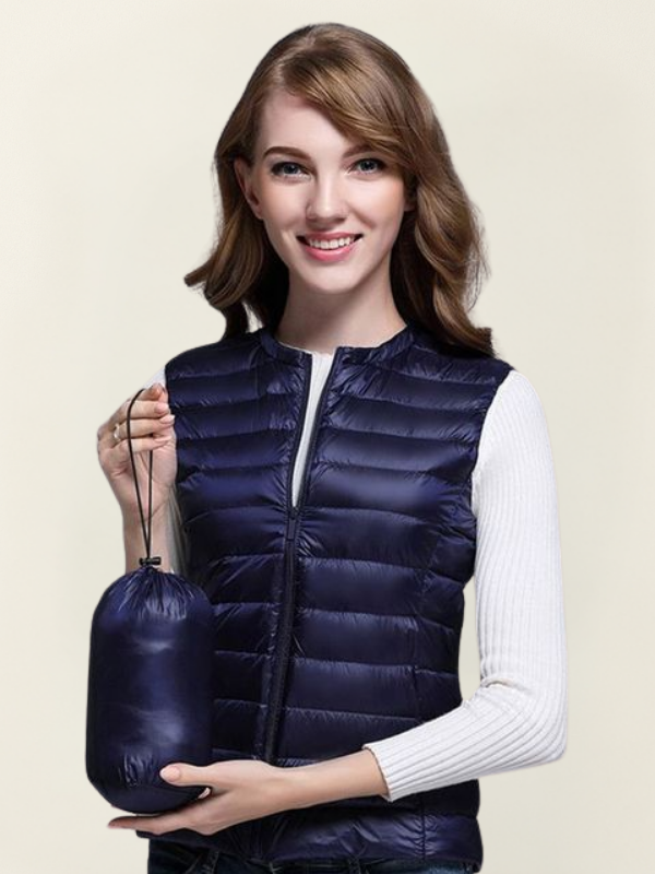 Navy Blue Women’s Sleeveless Insulated Water-Repellent Vest on the model
