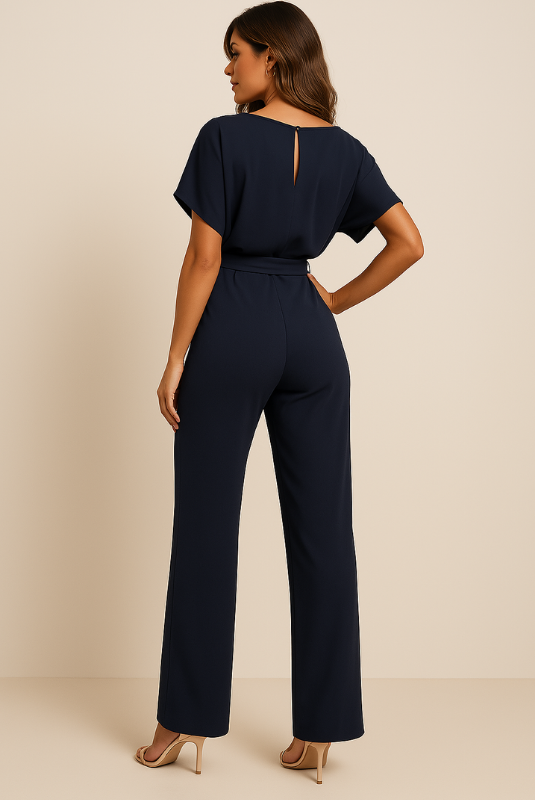 Navy Blue Women’s Elegant Minimalist One-Piece Jumpsuit on the model
