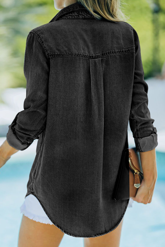 Nora | Women's Pocketed Collared Neck Long Sleeve Denim Top