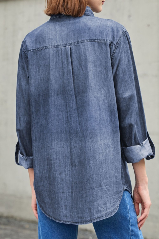 Nora | Women's Pocketed Collared Neck Long Sleeve Denim Top