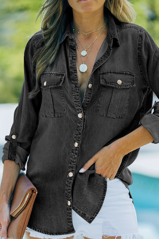Nora | Women's Pocketed Collared Neck Long Sleeve Denim Top