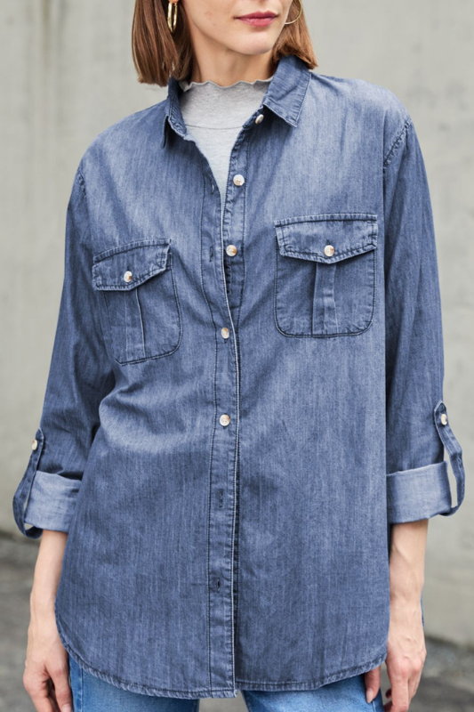 Nora | Women's Pocketed Collared Neck Long Sleeve Denim Top