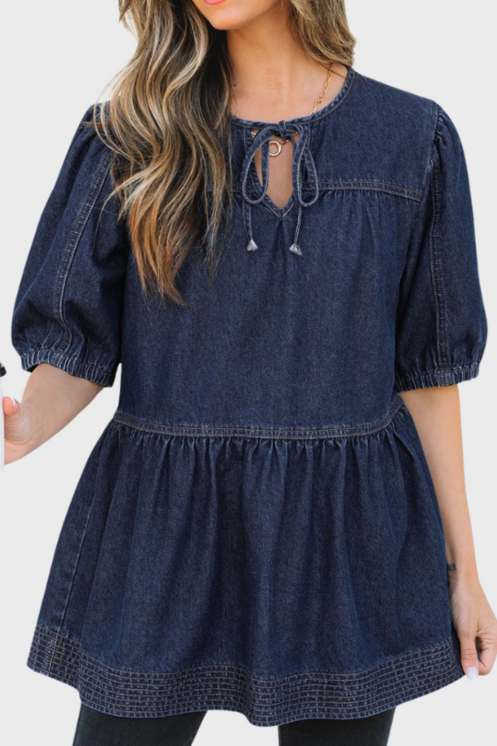 Eliana | Women's Tie Neck Babydoll Denim Top