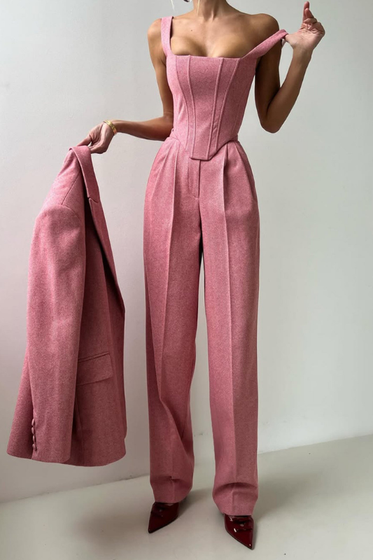 Pink Women’s 3-Piece Suit Set - Cropped Blazer & Wide-Leg Trousers on the model