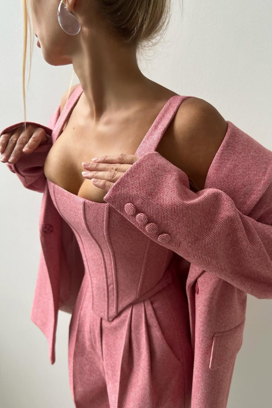 Pink Women’s 3-Piece Suit Set - Cropped Blazer & Wide-Leg Trousers on the model