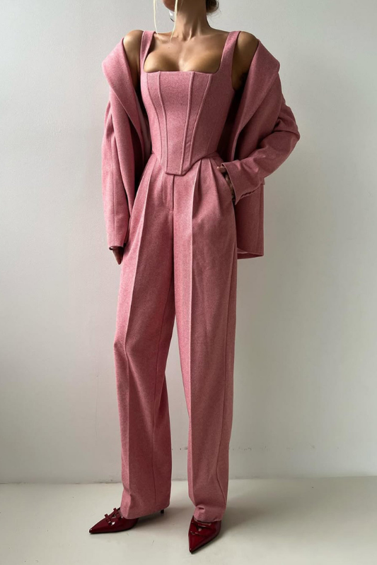 Pink Women’s 3-Piece Suit Set - Cropped Blazer & Wide-Leg Trousers on the model