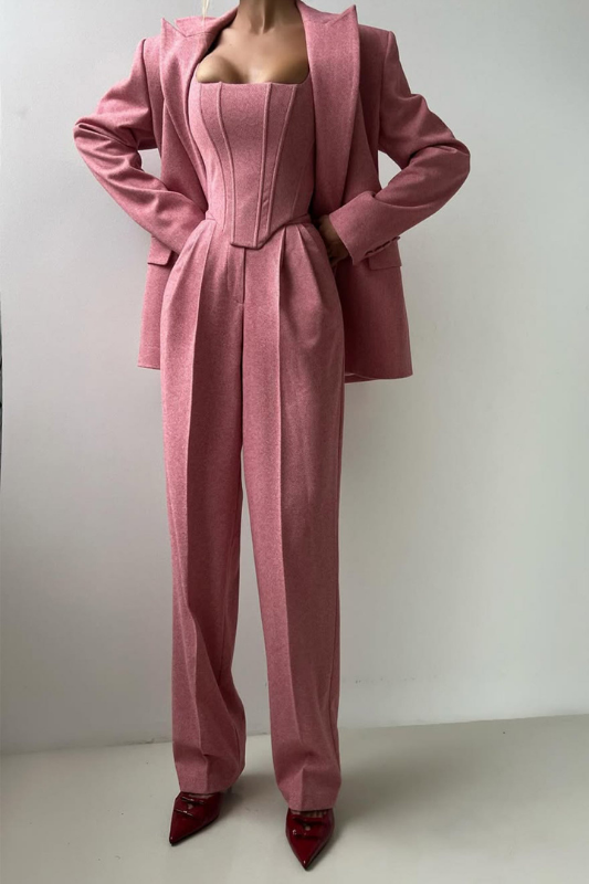 Pink Women’s 3-Piece Suit Set - Cropped Blazer & Wide-Leg Trousers on the model
