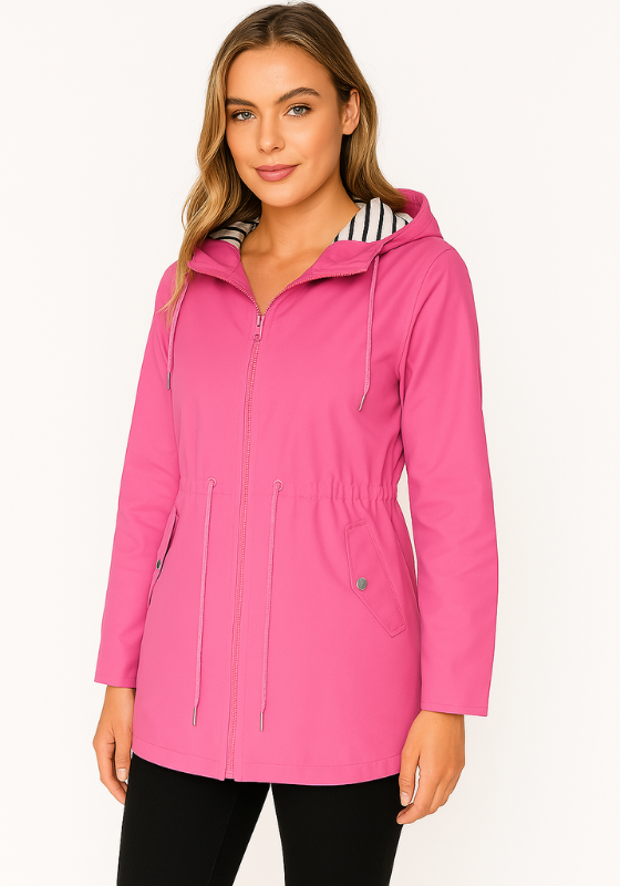 Pink Women's Adjustable Fit Waterproof Rain Jacket on the model