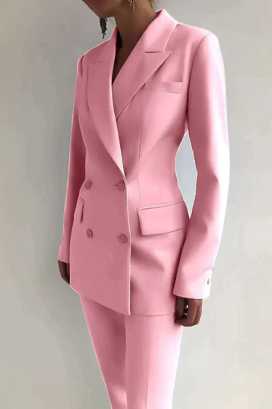 Pink Women’s Double-Breasted Tailored Fit Blazer & Trousers Set on the model