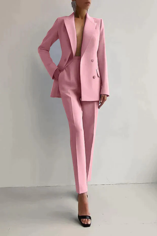 Pink Women’s Double-Breasted Tailored Fit Blazer & Trousers Set on the model