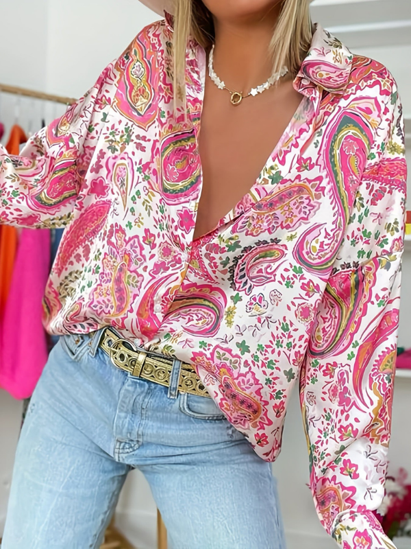 Pink Women’s Paisley Button-Down Classic Fit Polo Shirt on the model