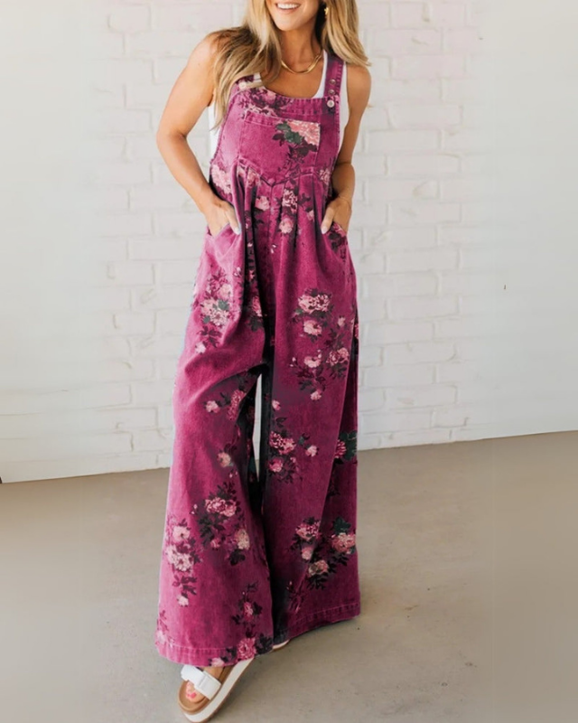 Pink Women’s Pocketed Casual Printed Overalls on the model
