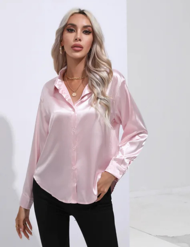 Pink Women’s Relaxed Button-Up Blouse on the model