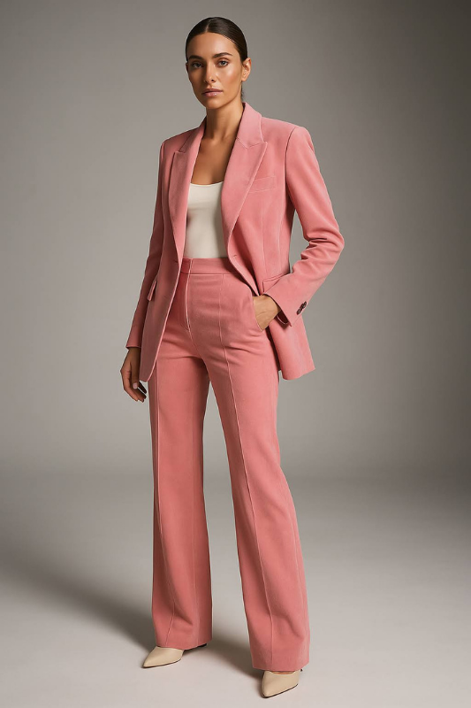 Pink Women’s Slim Blazer & Wide-Leg Pants Two-Piece Suit on the model